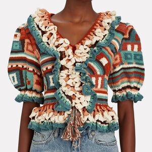 Ulla Johnson Illiana Crochet Knit Puff Sleeve Ruffle Sweater
